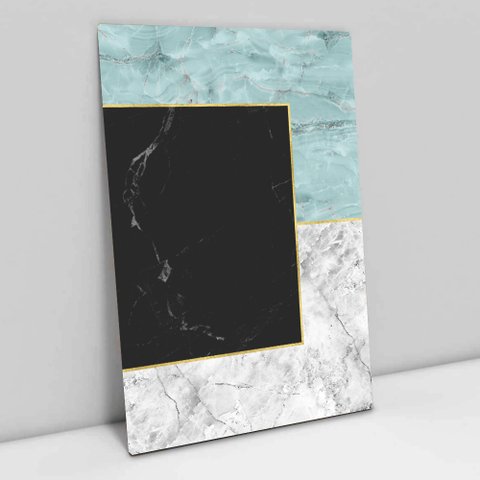 Quadro Decorativo em Canvas Geométrico Mármore Tons de Azul, Branco e Preto TaColado Chassi 90 x 60c