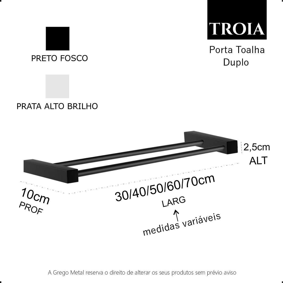 Porta Toalha Duplo Grego Metal Suporte Quadrado Barra 30cm Banheiro Preto Fosco Troia - 4