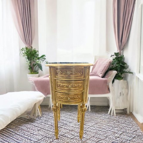 Mesa de Cabeceira com 3 Gaveta Dourado com Tampo em Mármore - 72x42cm