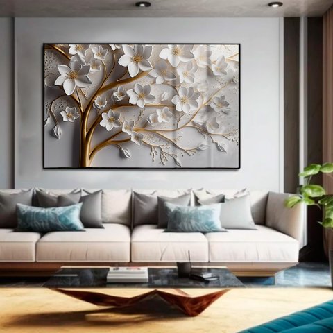Quadro Decorativo Floral Luxo Cerejeira Branca em Moldura Caixa TaColado Moldura Trad 1cm Preta sem 