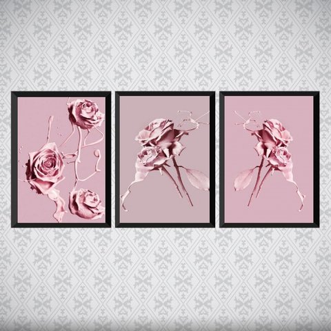 Kit 3 Quadros Flores Rosas Tinta 24x18cm - com vidro:Madeira preta