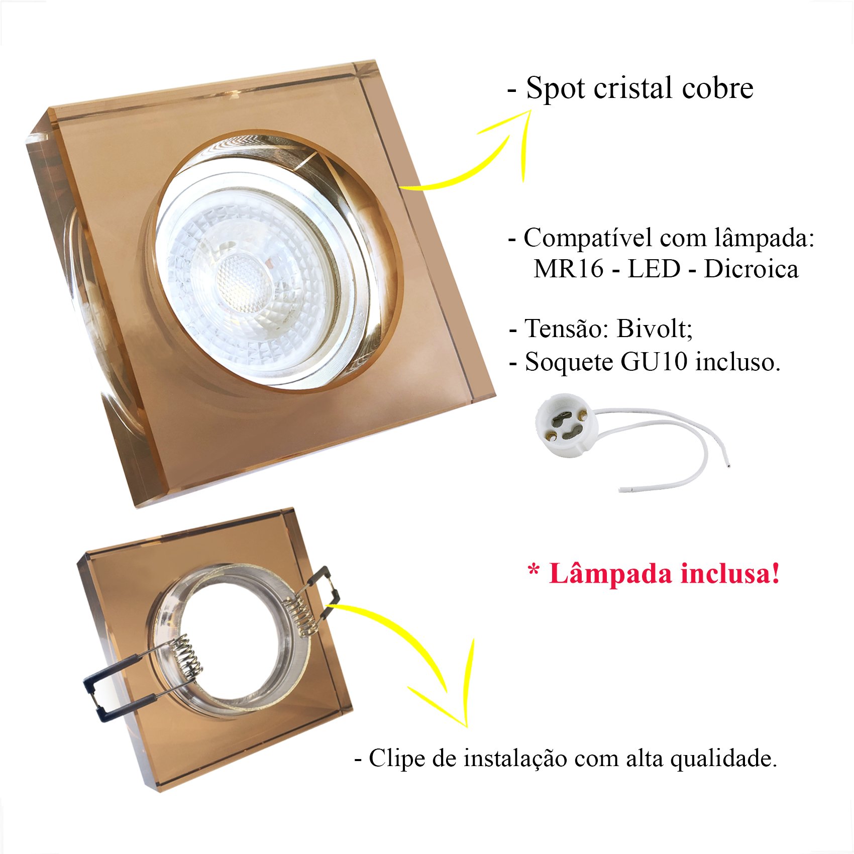Spot Cristal Quadrado Embutir Cobreado Mr16 Dicróica Ac594 + LED Mr16 Branco Frio - 3