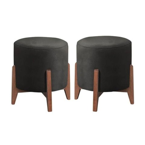 Kit 2 Puff Decorativo Redondo Luxo Dubai Corino Preto