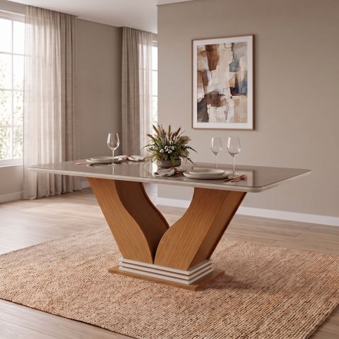 Mesa para Sala de Jantar Retangular Tampo com Vidro Safira Marrom/Castanho Cinamomo/Off White
