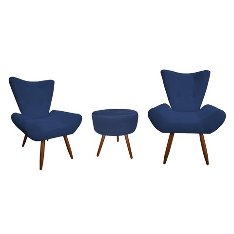 Kit 2 Poltronas Decorativa Emilia + Puff Redondo Suede Azul Marinho Pés Madeira Ms Decor
