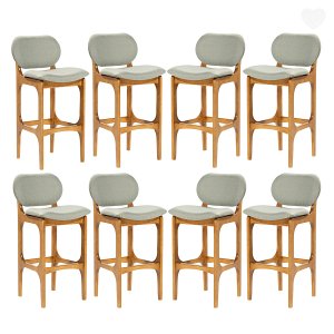 Kit 8 Banquetas Alta Estofada Rafine Madeira Maciça Castanho Linho Verde