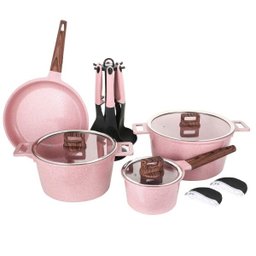 Conjunto de Panelas 16 Pçs Indução Revestimento em Granito Antiaderente Cor Rosa Cooklover - 1