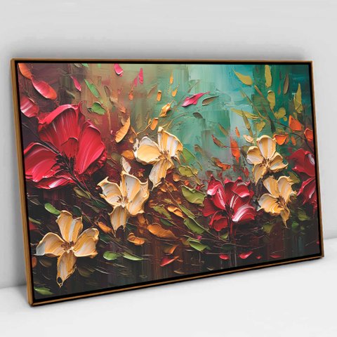 Quadro Decorativo Floral Luxo Harmonia Das Flores em Tela Canvas Tacolado Moldura Flutuante 4,5cm Fr