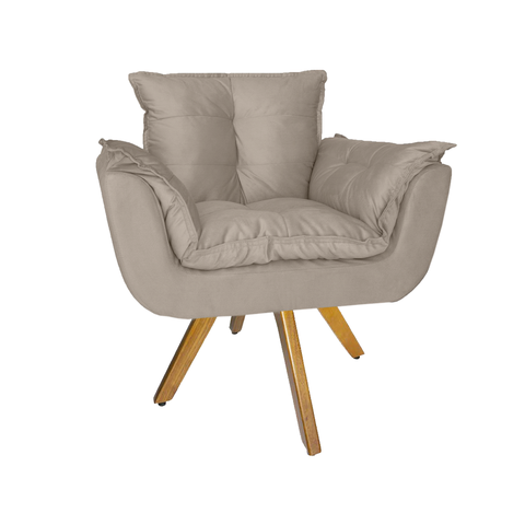 Poltrona Decorativa Com Base Giratória De Madeira Para Recepção Opala Suede Bege - LM DECOR
