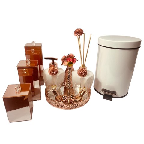 Kit Lavabo Luxo Rose Gold Difusor Sabonete Lixeira Escovas