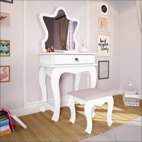 Penteadeira Infantil com Espelho Gaveta Organizadora Maquiagem com  Banqueta Quarto Menina JB 7200  