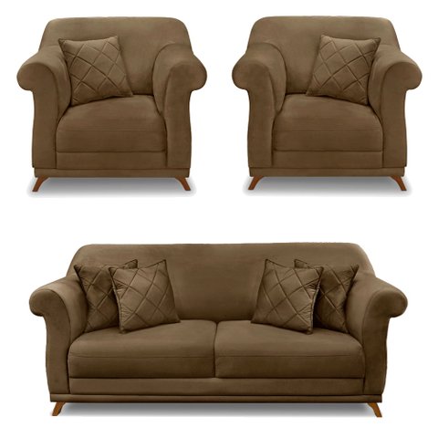 Kit 2 Poltronas e Sofá Living 2 Lugares 1,80m Vênus Suede Caramelo Pés Castanho - Pallazio