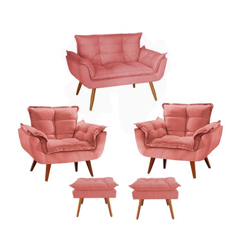 Kit 1 Namoradeira + 2 Poltrona + 2 Puff Opala Luxo com Pés Estilo Retrô - Rosa