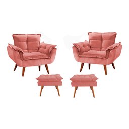 Kit 1 Namoradeira + 2 Poltrona + 2 Puff Opala Luxo com Pés Estilo Retrô - Rosa - 2