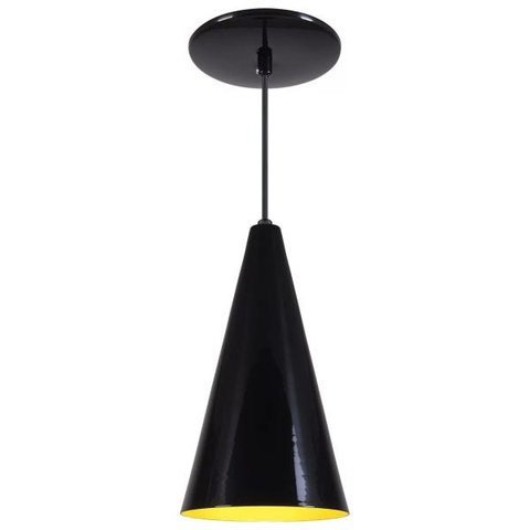 Pendente Cone Luminária Lustre Alumínio Preto Brilhante com Amarelo - Rei Da Iluminação