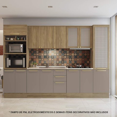 Armário de Cozinha Modulada Completa Reta 7 Peças 3,20m 197 Botanic Kappesberg - Nogueira/Fendi