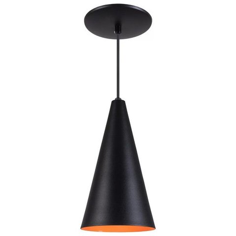 Pendente Cone Luminária Lustre Alumínio Preto Textura com Laranja - Rei Da Iluminação