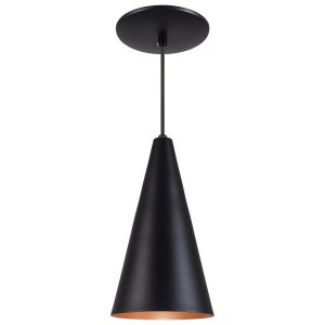 Pendente Cone Luminária Lustre Alumínio Preto Textura com Cobre - Rei Da Iluminação