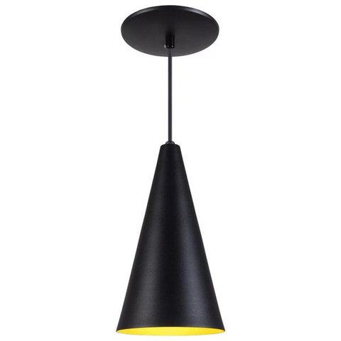 Pendente Cone Luminária Lustre Alumínio Preto Textura com Amarelo - Rei Da Iluminação