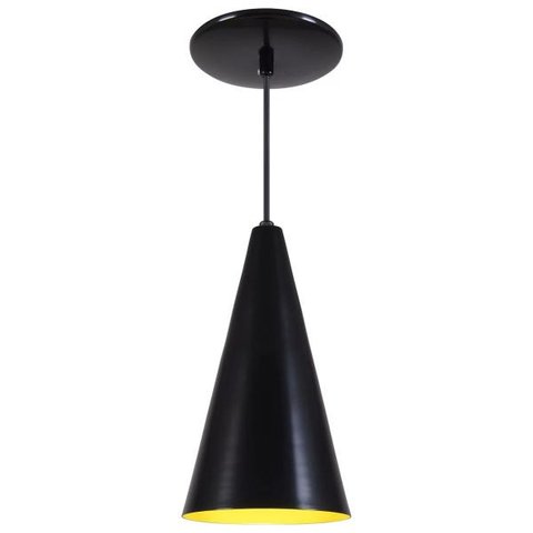 Pendente Cone Luminária Lustre Alumínio Preto Fosco com Amarelo - Rei Da Iluminação