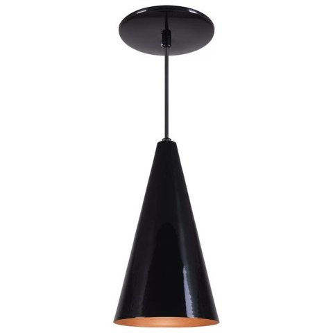 Pendente Cone Luminária Lustre Alumínio Preto Brilhante com Cobre - Rei Da Iluminação