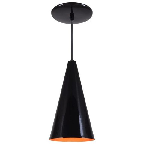Pendente Cone Luminária Lustre Alumínio Preto Brilhante com Laranja - Rei Da Iluminação