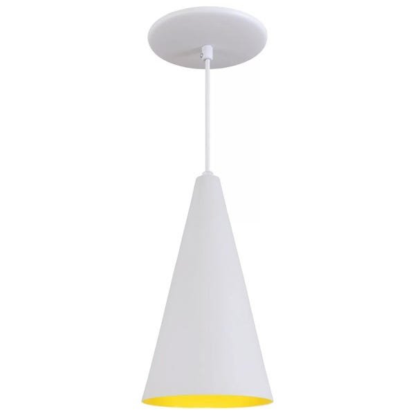 Pendente Cone Luminária Lustre Alumínio Branco Textura com Amarelo - Rei Da Iluminação - 1