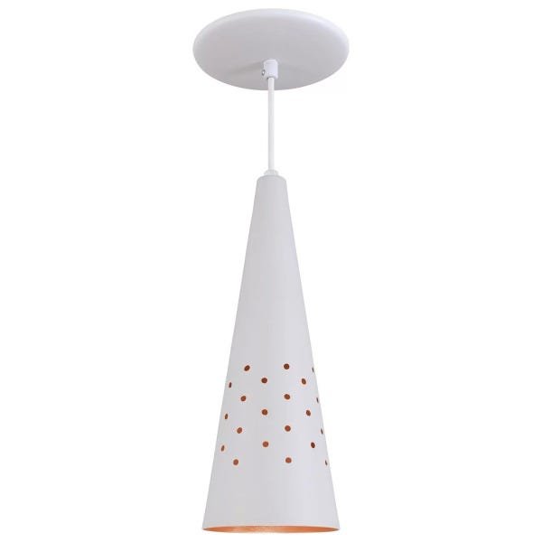 Pendente Cone Furado Luminária Lustre Alumínio Branco Textura com Cobre - Rei Da Iluminação - 1