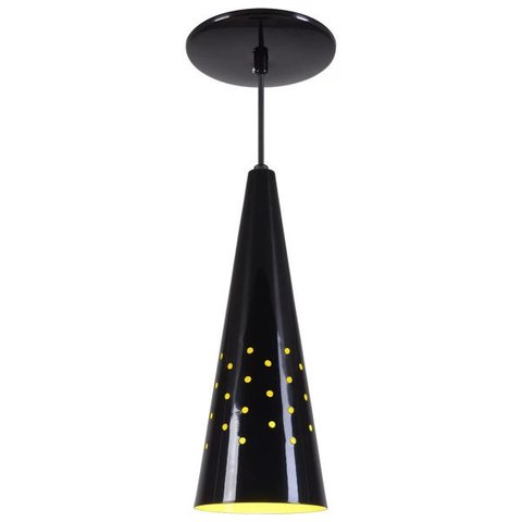 Pendente Cone Furado Luminária Lustre Alumínio Preto Brilhante com Amarelo - Rei Da Iluminação