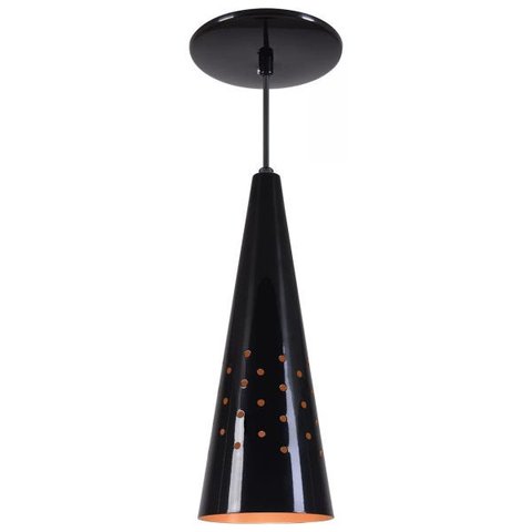 Pendente Cone Furado Luminária Lustre Alumínio Preto Brilhante com Cobre - Rei Da Iluminação