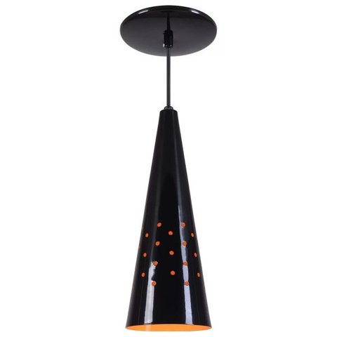 Pendente Cone Furado Luminária Lustre Alumínio Preto Brilhante com Laranja - Rei Da Iluminação