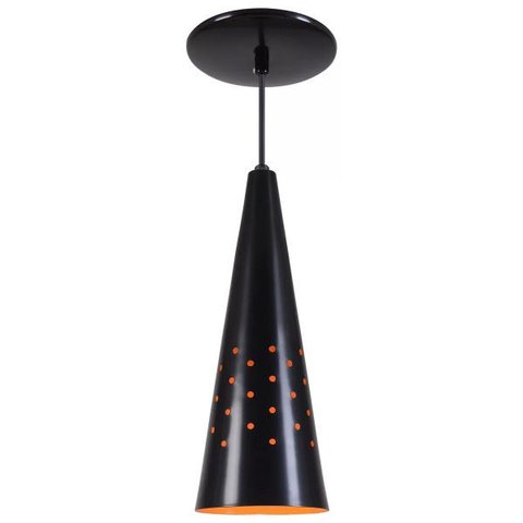 Pendente Cone Furado Luminária Lustre Alumínio Preto Fosco com Laranja - Rei Da Iluminação
