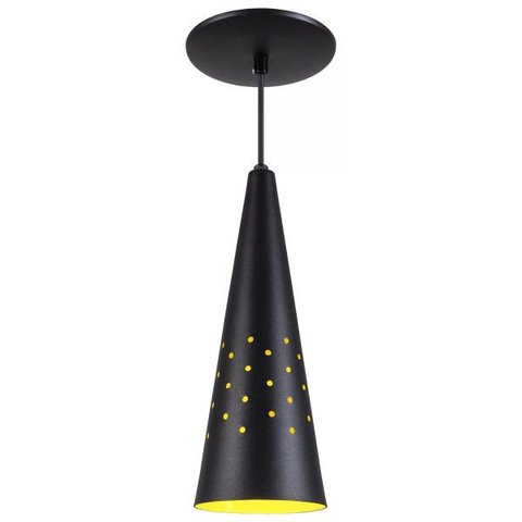Pendente Cone Furado Luminária Lustre Alumínio Preto Textura com Amarelo - Rei Da Iluminação