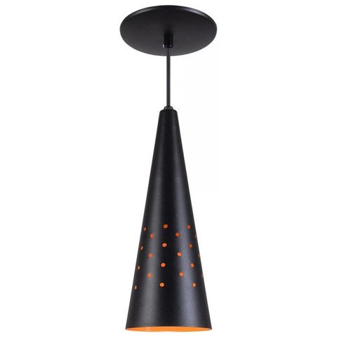 Pendente Cone Furado Luminária Lustre Alumínio Preto Textura com Laranja - Rei Da Iluminação