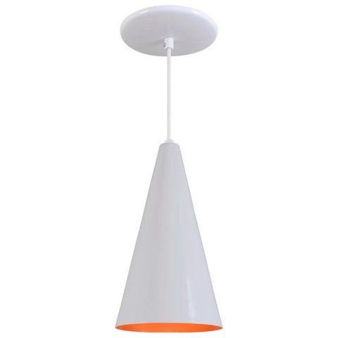 Pendente Cone Luminária Lustre Alumínio Branco Brilhante com Laranja - Rei Da Iluminação