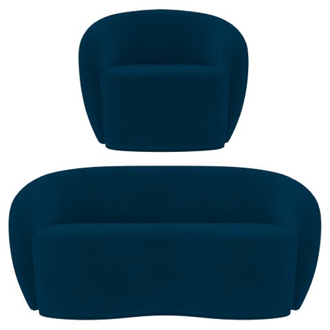 Sofá 2 Lugares Living 160cm e 1 Poltrona Giratória Garbin K04 Veludo Azul Marinho - Mpozenato