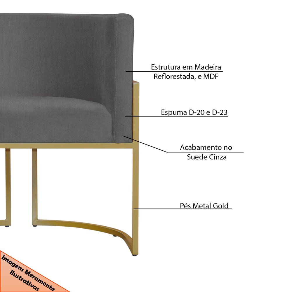 Kit 6 Poltronas Decorativa Sala de Estar Luana Base Gold Suede Cinza - Montanaris Decor Md Montanari - 6