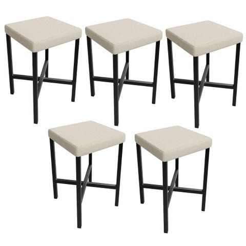 Kit 05 Banquetas Baixa Bar Cozinha Sala de Jantar Preto Stella L02 Linho Champagne - Lyam Decor