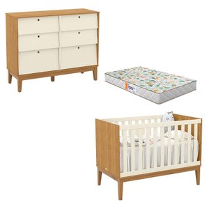 Berço Americano e Cômoda 6 Gavetas Freijó Off White Eco Wood com Colchão Gazin - Matic