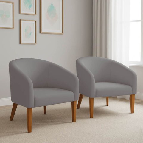 Poltrona Sala Decorativa Kit 2 Stella Pé Madeira Trapézio Castanho Suede Grafite D03 - D’Rossi