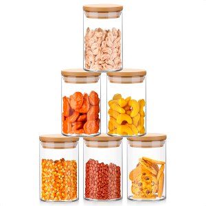 Kit De 6 Potes Herméticos de Vidro com Tampa de Bambu 300ml