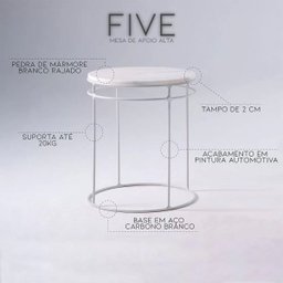Mesa de Apoio Five 60cm Aço Branco/Mármore Branco Rajado - Gran Belo - 3
