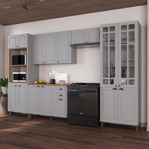 Armário Cozinha Modulada Completa Americana 100% MDF 350cm Provence Multimóveis Crink-CPL011 Cinza