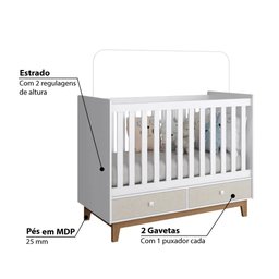 Berço Retrô com 2 Gavetas e 2 Regulagens de Altura - Branco/Nude - 3