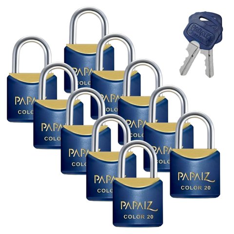 Cadeado Pequeno 20mm Haste Curta Latão Maciço Azul com Chave | Papaiz | Kit 10 Un