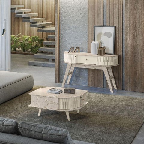 Conjunto Aparador Estoril com Mesa de Centro Indianápolis Madetec Cor Calacata-off White