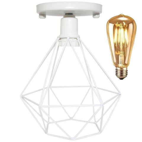 Lustre Teto Plafon + Lâmpada Led St64 Industrial Aramado Diamante Retrô Luminária Vintage Branco Agp