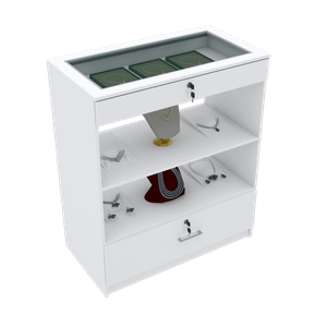 EXPOSITOR CENTRO DE LOJA COM PRATELEIRA E GAVETAS M325.B (LOJA) MUNDI MOVEIS