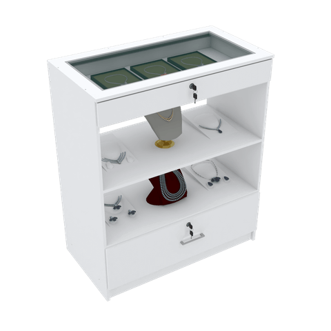 EXPOSITOR CENTRO DE LOJA COM PRATELEIRA E GAVETAS M325.B (LOJA) MUNDI MOVEIS