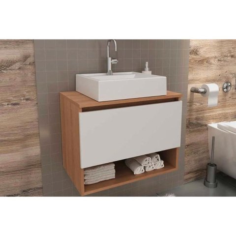 Gabinete de Banheiro Suspenso BN3606 1 Porta cor Amêndoa/Branco - Tecno Mobili